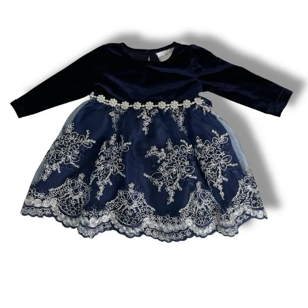 Rare Editions Navy Blue Velvet Lace Rhinestone Dress Bottom Set Girls 6-9 Months